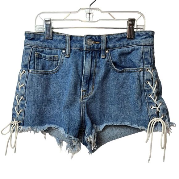 PacSun Denim SIDE TIE LACE UP Fringe High Rise Shorts Blue Size 25 - Picture 1 of 7